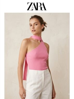 ZARA Pink One-Shoulder Ribbed Knit Tank with Scarf Detail